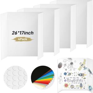 PSHVYM 4 Pcs Trifold Poster Board, 26 x 17 inches Poster Board with Double Sided Tapes and Cardboard, Corrugated Presentation/Display Board for School Project, Science Fair, Business (White)
