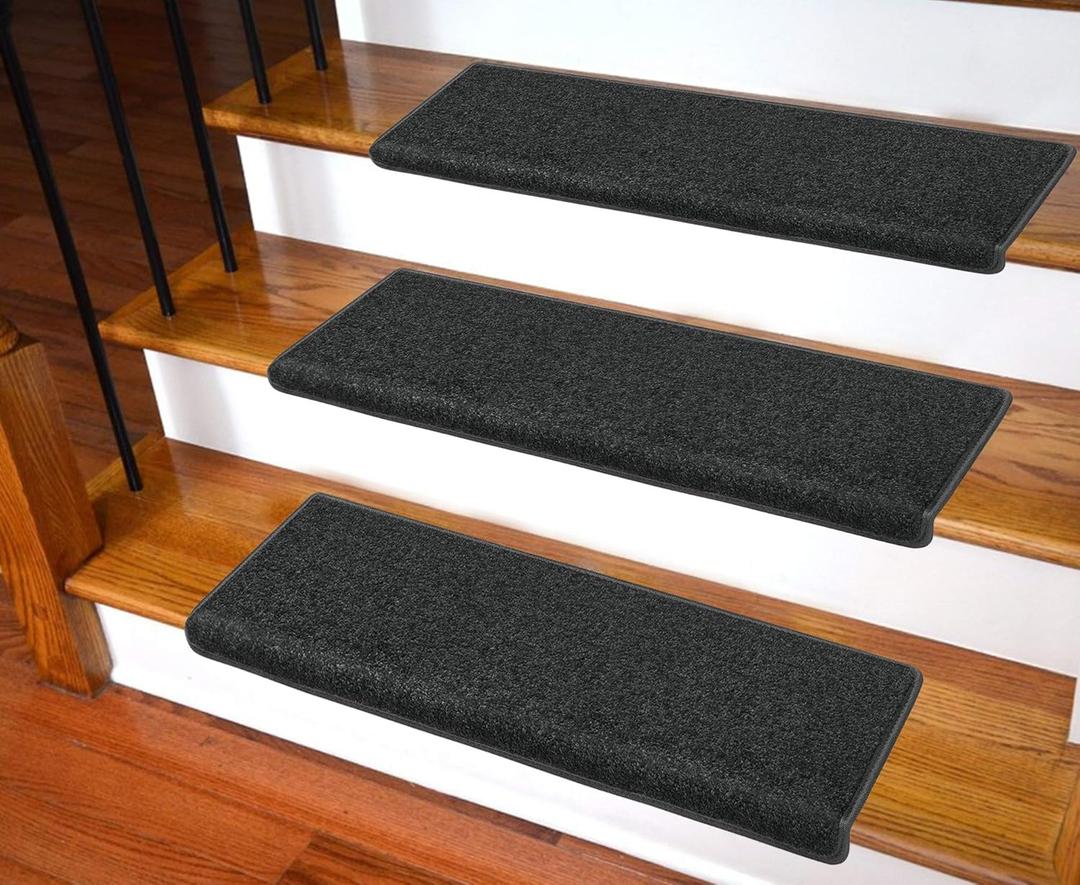 Carpet Stair Treads  Non-Slip Bullnose Carpet for Stairs  Indoor Stair Pads  Self-Adhesive  Skid Resistant & Washable  14- Pack Black 9.5" x 30"x 1.3"