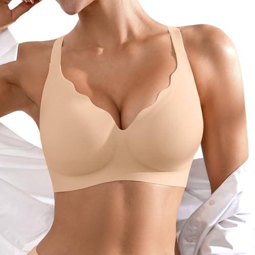 Wireless Seamless Jelly Bra for Women with Support - No Underwire Full Coverage Push Up Bras for Women, L, Skin