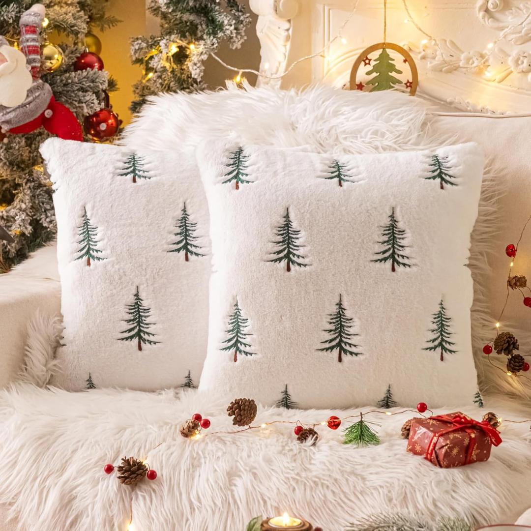 AQOTHES Christmas Tree Green Throw Pillow Covers 20x20, Soft Faux Fur Embroidered Throw Pillows for Couch Sofa Cushion Covers Holiday Home Decor
