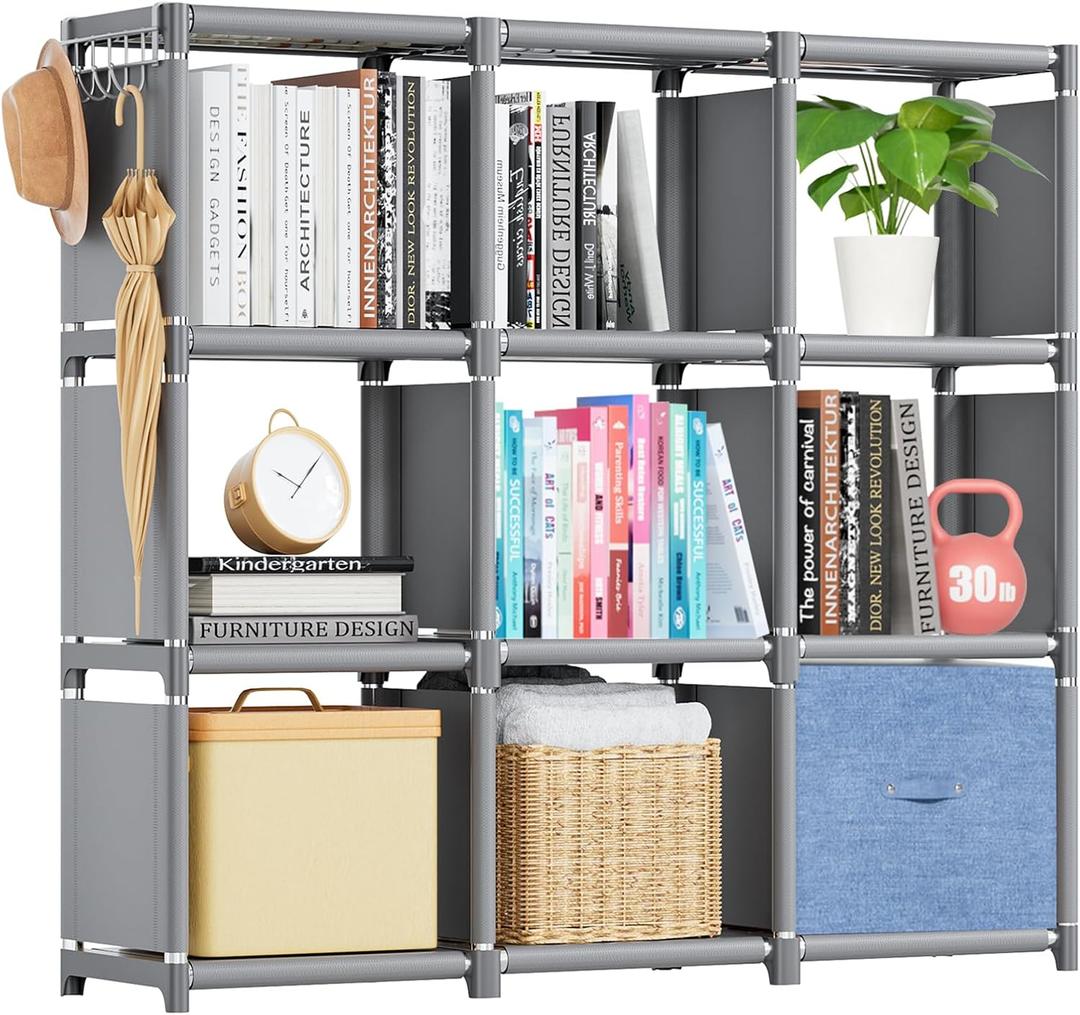 Mavivegue Book Shelf, 9 Cube Storage Organizer, DIY Bookcase, Metal Cube Bookshelf, Tall Book case for Bedroom, Living Room, Office, Grey