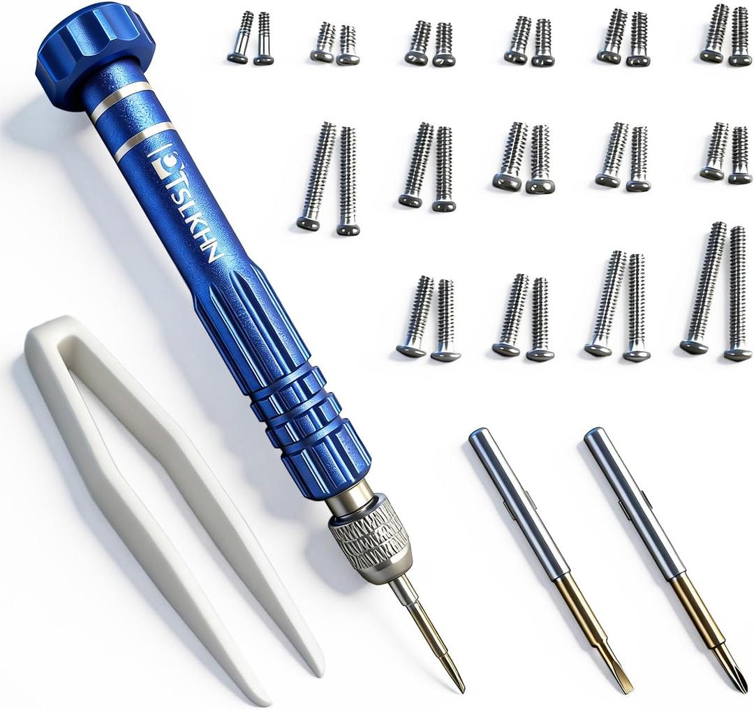 PTSLKHN Eye Glass Repairing Kit, S2 Steel Screwdriver with 15 Types of Screws, Precision Eyeglass Repair Tool Set (Blue 2in1-screws)
