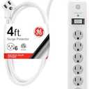 GE 6-Outlet Surge Protector, 4 Ft Extension Cord, Power Strip, 800 Joules, Flat Plug, Twist-to-Close Safety Covers, Protected Indicator Light, ETL Listed, White, 33658