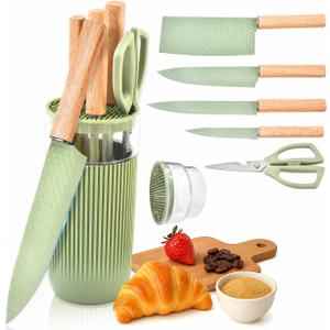 Knife Set, 6-Piece Kitchen Knife Set with Sharp Chef and Meat Knives, Anti-Rust Utility Knives Set for Kitchen, Kitchen Knife Block Set Green