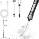 Rechargeable Frother Wand with Stand, Milk Frother with Detachable Stainless Steel Double Rings Whisk, 3-Speed Handheld Electric Drink Mixer for Lattes, Cappuccino, Coffee (Black)