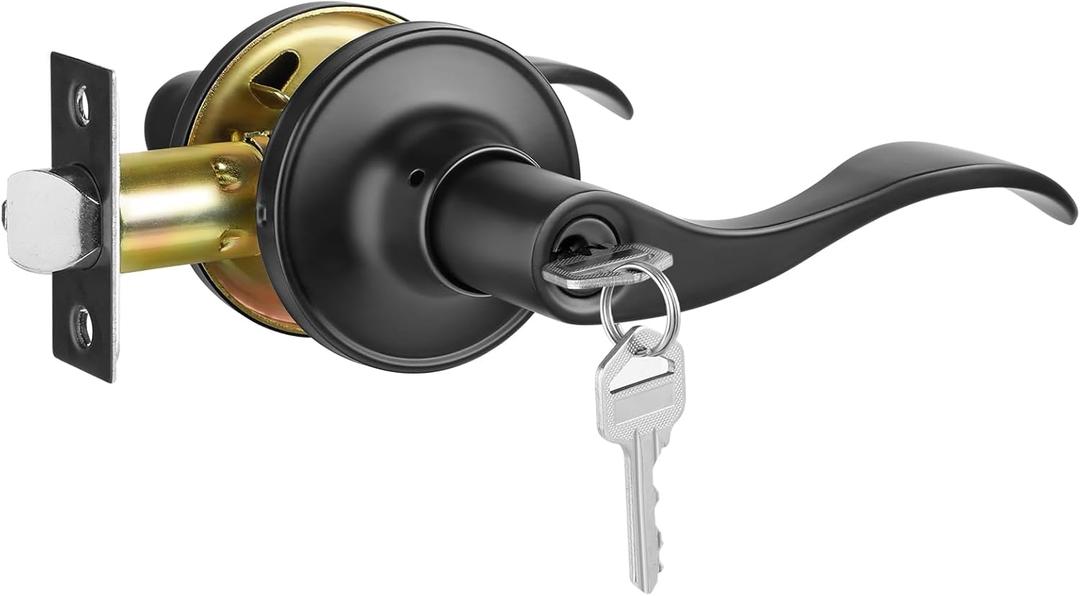 52HZ 1 Pack Wave Lever Door Handles Interior with Lock and Key, Privacy Exterior Door Levers for Bedroom, Bathroom, Front and Entrance, Reversible for Right & Left Sided Doors, Matte Black