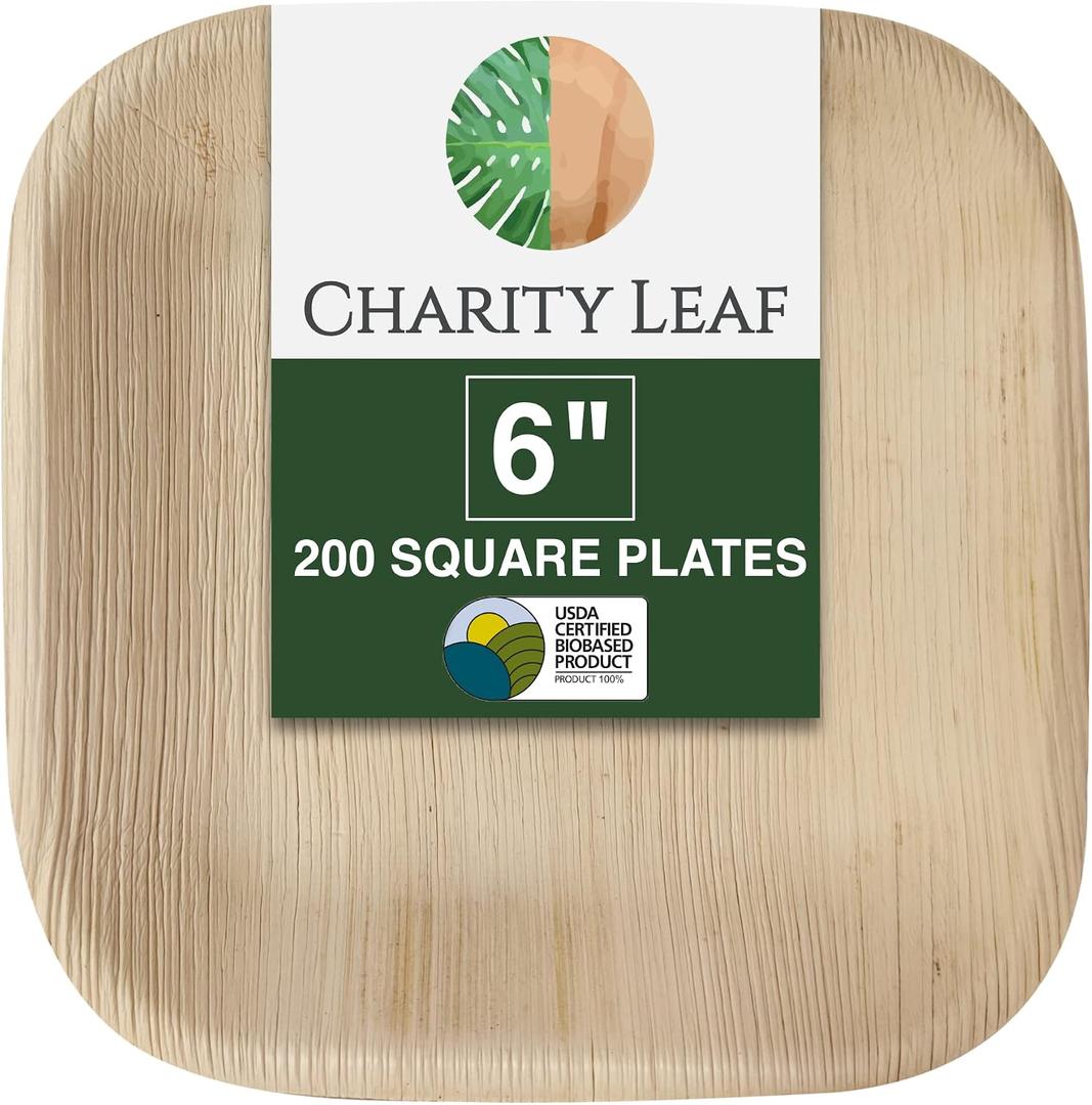 Charity Leaf Disposable Palm Leaf 6" Square Plates (200 pieces) Bamboo Like Serving Platters, Disposable Boards, Eco-Friendly Dinnerware For Weddings, Catering, Events