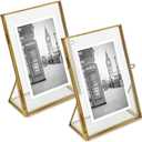 Isaac Jacobs 4x6, Antique Gold, Vintage Style Brass and Glass, Floating Photo Frame, Metal, (Vertical), with Locket Closure and Angled Base, for Pictures, Art, Mementos, Keepsakes, 2 Pack (4x6, Antique Gold)