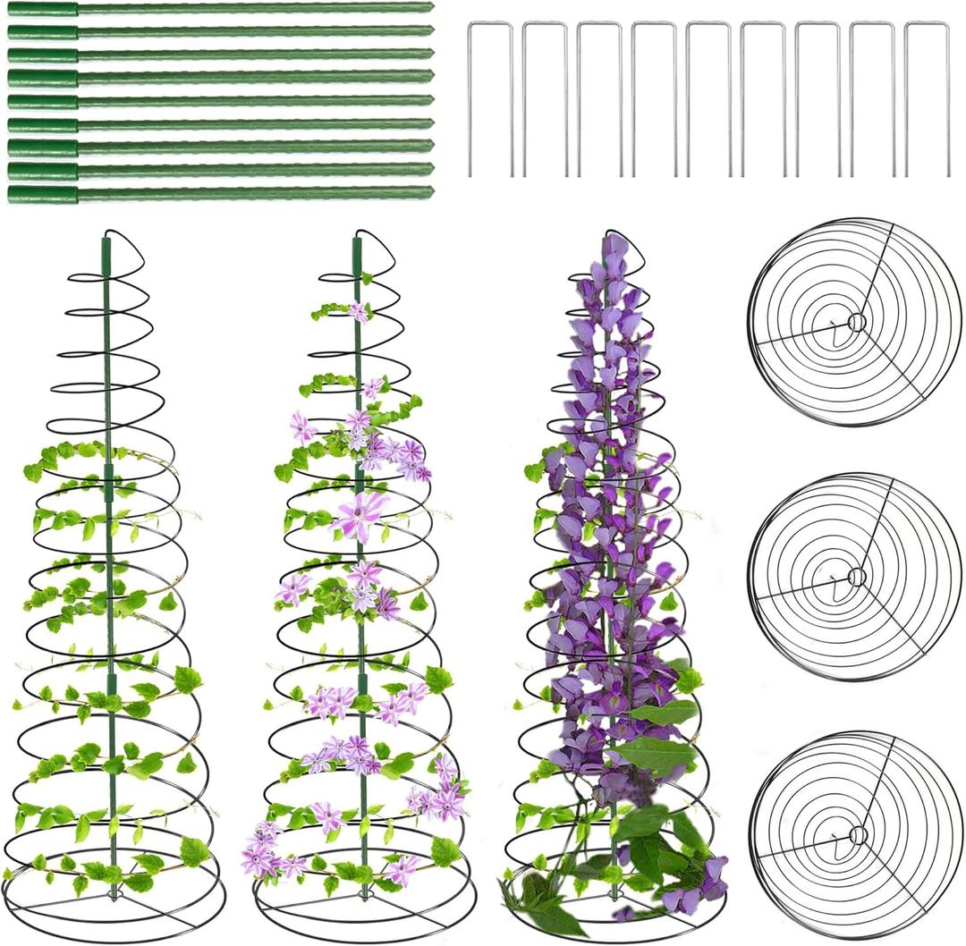 WNJ 3-Pack Pea Trellis Green Bean Trellis for Garden, Sugar Snap Tower with Pole, Stretchable to 53.6 Inch, Metal Climbing Plant Grow Cage Stand for Cucumber Vine Vegetables Indoor Outdoor