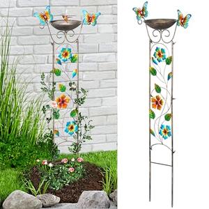 LEWIS&WAYNE Garden Trellis Bird Bath Outdoor, 40 Inch Antique Iron Garden Plant Trellis Decorative with Floral-Butterflies and Detachable Drinking Basin Bowl, Free Standing BirdBath Birdfeeder Station