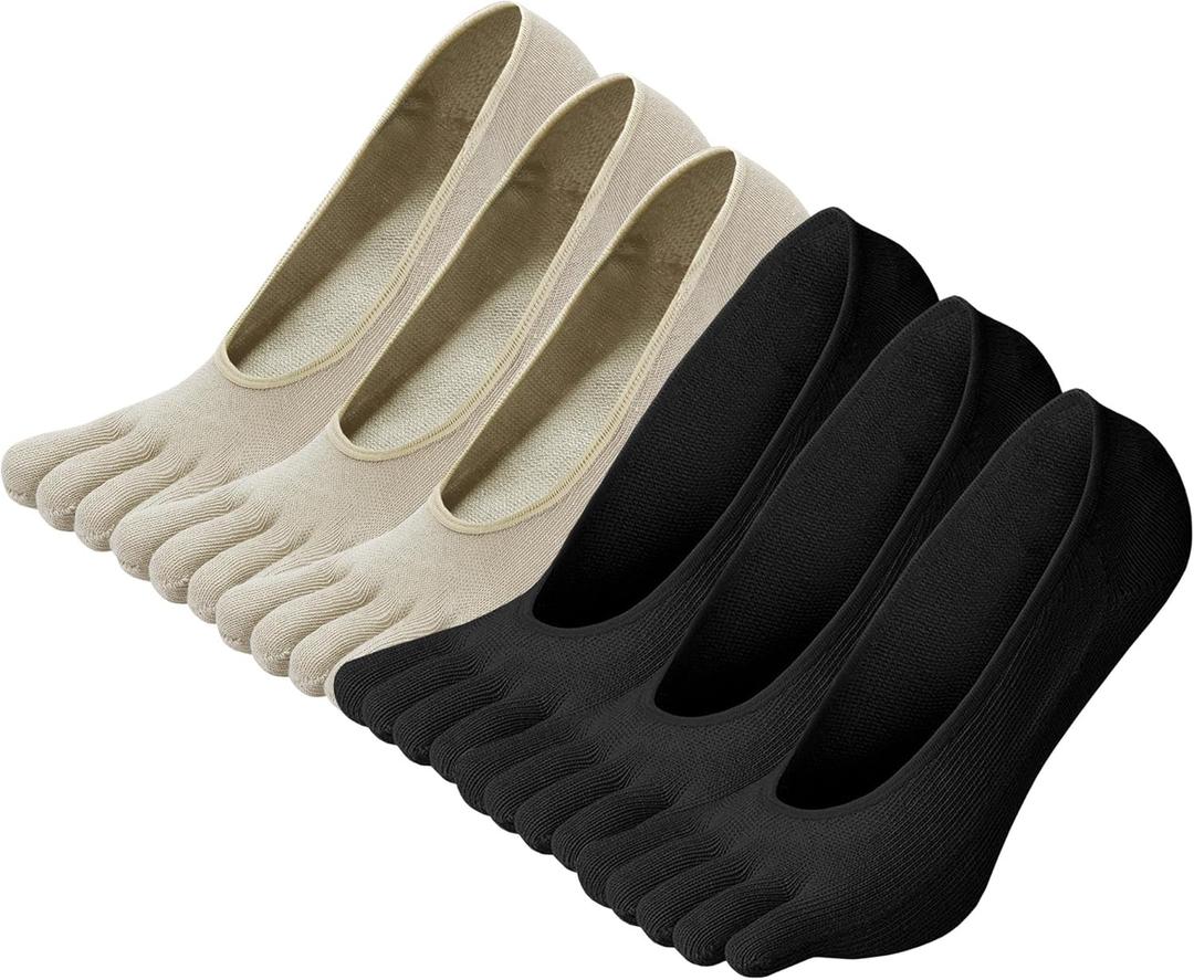 ZAKASA No Show Toe Socks Women Running Five Finger Socks Invisible Liner Boat Low Cut Loafer Socks for Ladies (6-9, Black&nude-6 Pairs)