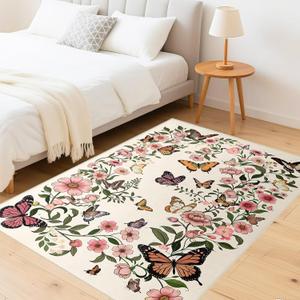 Floral Butterfly Rug 3'x5' - Washable Rug for Living Room Boho Beige Floral Carpet for Dining Room Door Mat Indoor Entrance 3'x5' Rugs Butterfly Mats (Multi 1004)