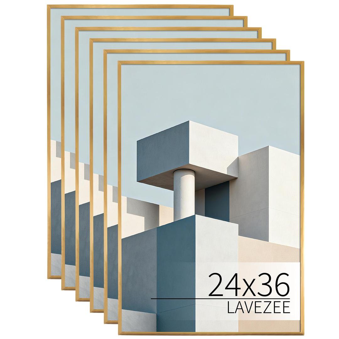Lavezee 24x36 Poster Frame, Easy Slide-In Assembly, Gold, 6 Packs