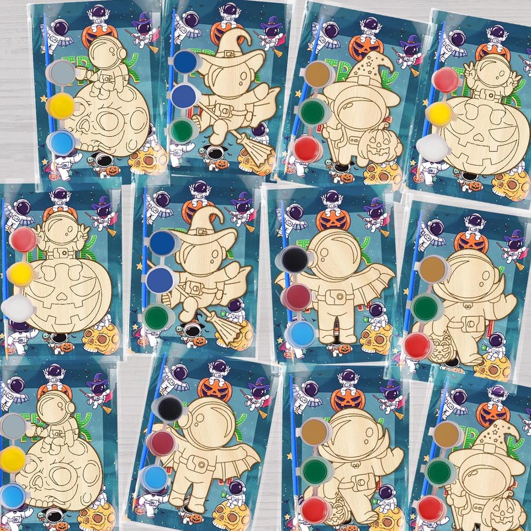 SYUCVQI 12 Pcs Halloween Astronaut Wooden Painting Craft Kits - Halloween Astronaut Art DIY Painting Cutouts Non Candy Alternatives Party Favors for Space Universe Theme School Activities Supplies