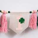 VANGNING Lucky One 1st Birthday Tassel High chair Banner - St Patrick's Day Highchair Decoration, Shamrock First Birthday Party Sign, Clover Cake Smash Pennant (Pink Tassel)