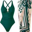 One Piece Swimsuit Women with Cover Up Set Retro Bathing Suit for Women Tummy Control Beach Wrap Skirt (Medium, Green)