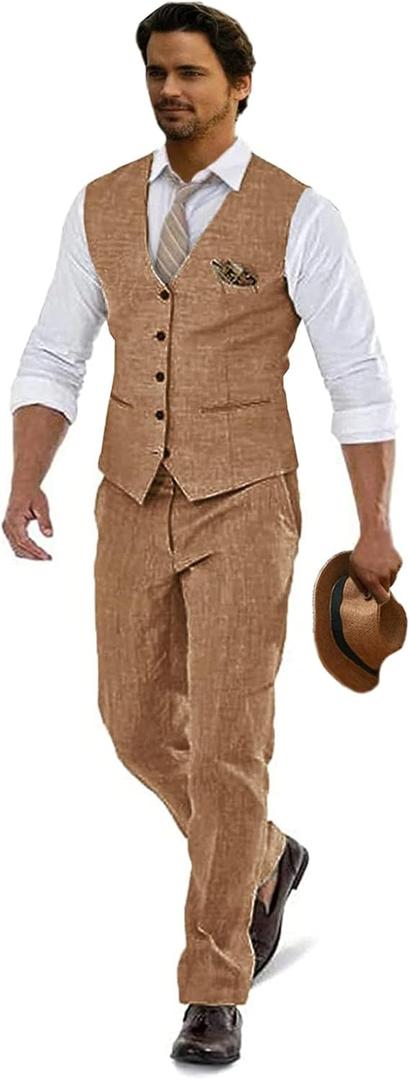 Furuyal Linen Suits for Men Casual Wedding Suits Men 2 Piece Suits Groomsmen Tuxedos Summer Beach Prom Vest and Pants Set (XX-Large, Khaki)