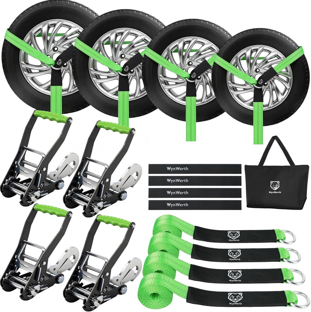 4 Pack Car Tie Down Straps for Trailers, Tire Ratchet Strap with Snap Hooks, 2" x8' 10,000lbs Break Strength -T-Handle Car Hauler Tire Lasso Wheel Straps for Hauling UTV, Truck, SUV