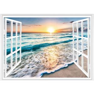 FLFK Fake Window Wall Sticker - Sunset Beach Faux Window Wall Mural for Wall Decor, Stick and Peel Wall Decals,80"x60",Set of 5 Sheets
