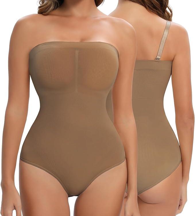 Strapless Shapewear for Women, Tummy Control Triangle Bodysuit, Seamless Sculpting Body Shaper Tank Top, Coffee, L