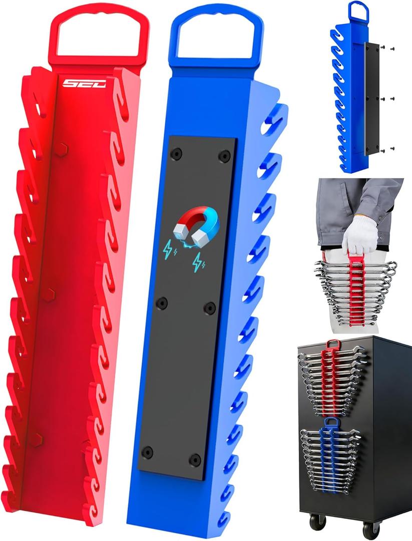 2-Pack Magnetic Wrench Organizer Set, 24-Slot Premium Wrench Rack Holder with Non-Slip Carry Handle for Tool Box Drawer Wall Storage, SAE (1/4'' to 15/16'') & Metric (6mm to 24mm)