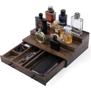 Boulphia Cologne Organizer for Men, 3-Tier Cologne Stand with Drawer and Hidden Compartment, Wooden Cologne Shelf for Perfume Display Holder, Great Gifts for Men, Vintage