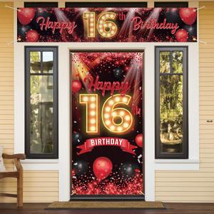 Happy 16th Birthday Door Cover Porch Banner Sign Set - 16 Years Old Birthday Decoraions Party Supplies for Women Men - Red
