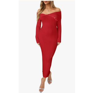 Saodimallsu Women's Off The Shoulder Sweater Dress Long Sleeve Bodycon Ribbed Knit Cocktail Party Formal Midi Dresses Medium