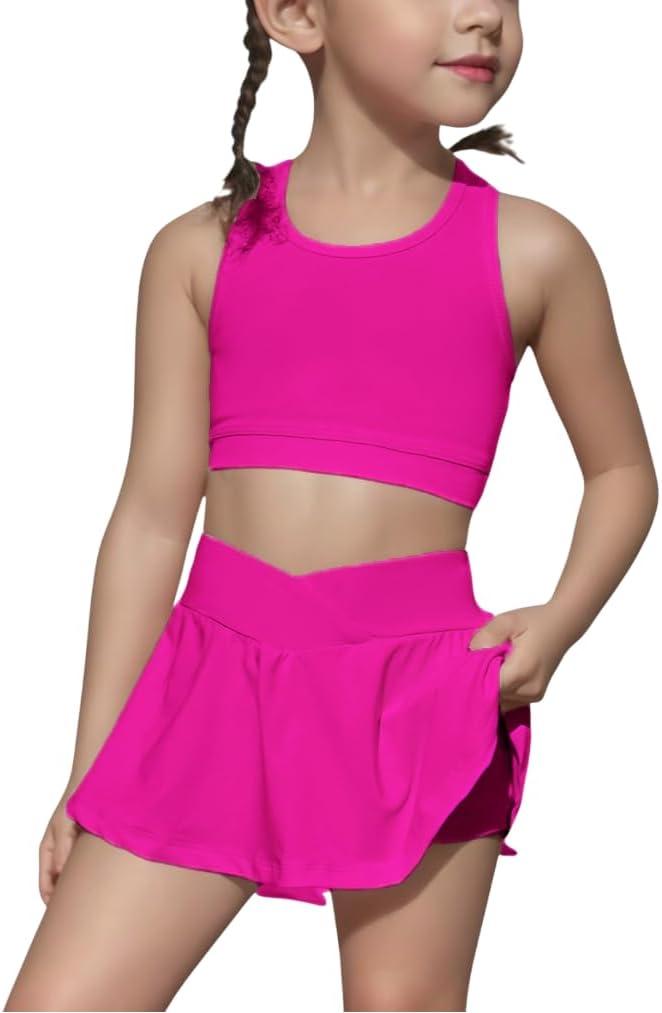 SOLY HUX Toddler Girl's 2 Piece Workout Outfits Lightweight Crop Tank Tops and Skort Athletic Set (4T, Plain Hotpink)