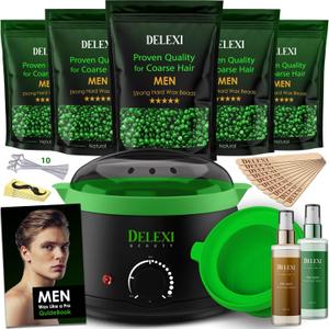 DELEXI Mens Waxing Kit for Coarse Back & Chest Hair New Heavy-Duty Edition Home Waxing System for Couples & Male Grooming Includes Analog Warmer & Precision Tools for Beard & Brows