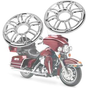 MACHSWON 1 Pair Chrome Motorcycle 6" Speaker Grill Accent Trim Cover, Motorcycle Audio Fairings 3D Rear Speaker Grill Cover, Compatible with Harley Touring Electra Glide, Silver