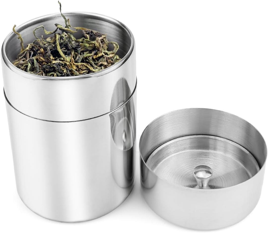 Tea Tin Canister, Storage Cup, Stainless Steel Storage Container with Airtight Double Lids, Kitchen Cup for Tea Coffee Sugar Seasoning Storage (Small)