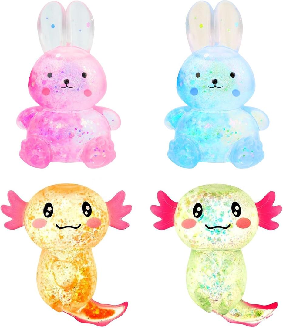Sezua Squishy Fidget Stress Ball - 4PCS Taba Squeeze Sensory Axolotl Rabbits Toys, Axolotl Squishy Sugar Stress Ball Toys for Adults Kid, Glitter Salamander Rabbits Gift for Party Birthday Christmas