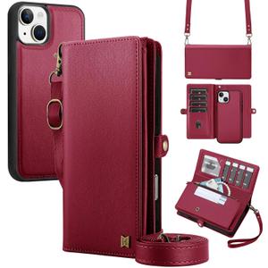 Wallet Case Compatible with iPhone 13,Multi-Function Detachable 2 in 1 Magnetic iPhone 13 Case Wallet,Flip Strap Zipper Card Holder Phone Case with Shoulder Straps (Red)