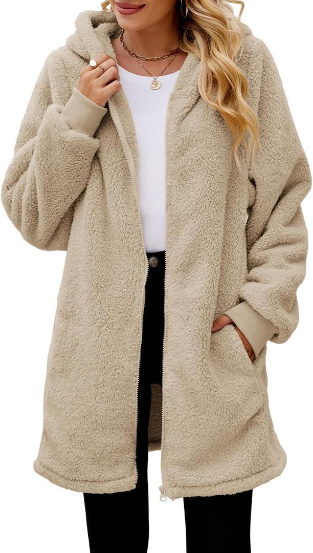 Yanekop Womens Oversized Sherpa Jacket Fuzzy Fleece Zip Up Jacket Warm Winter Coats Faux Fur Coat with Pockets, Large
