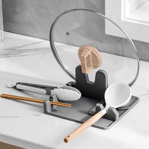 Silicone Spoon Holder Spoon Rest with Lid Holder for Stove Top,BPA Free Utensil Rest for Kitchen Countertop,Non-Slip Heat-Resistant Stove Utensil Holder for Spatula,Ladle,Tong&Pot Lid (Grey) (Gray)