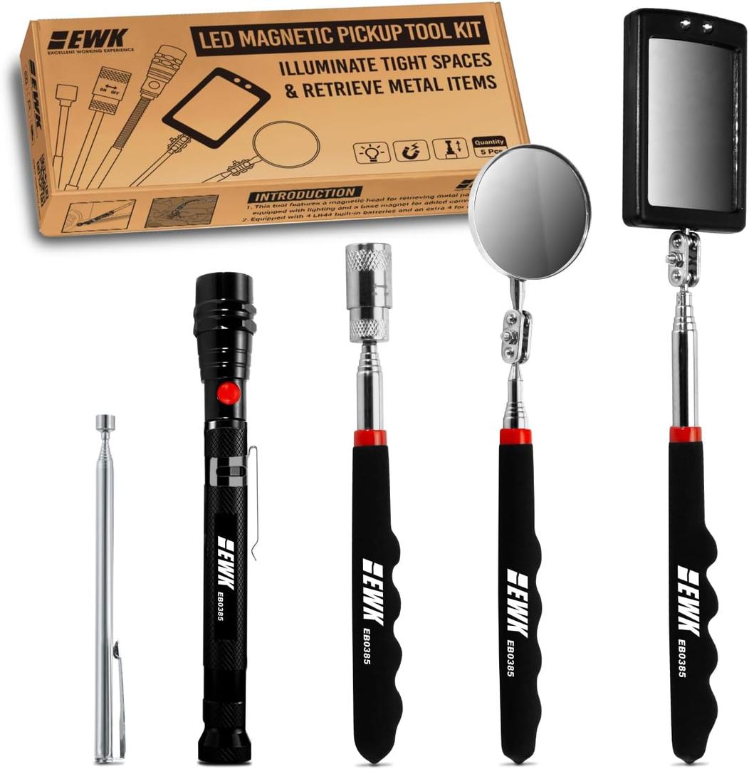 EWK 5 Pcs Set LED Magnetic Pick Up Tool with Led Light & Extendable Magnetic Flashlight Pick-Up Tool Kit