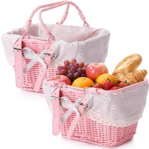 2 Pack Pink Wicker Picnic Basket with Removable Lace Liner, Rattan Empty Gift Basket with Foldable Handles, Woven Hamper Garden Wedding Harvest Baby Shower Fruit Storage,10 x 7.2 x 6.4 inch