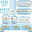 Tevxj 98 PCS Bear Baby Decorations We Can Bearly Wait Tableware Set Themed Tablecloth Plates Boho Napkins Forks for Boy Girl Baby Shower Gender Reveal Birthday Party Supplies