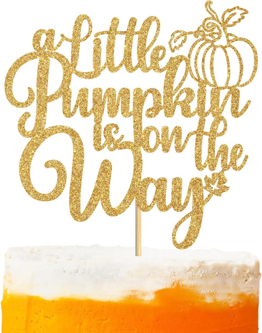 2 x A Little Pumpkin is On The Way Cake Topper, Welcome Little Pumpkin Cake Decor, Fall Autumn Baby Shower/Halloween Thanksgiving Baby Gender Reveal Party Decorations Supplies, Gold Glitter