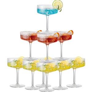 12 Pcs Acrylic Martini Glasses, 10oz Shatterproof Plastic Champagne Tower, Unbreakable Ribbed Coupe Glasses, Stem Cocktail Glassware Set, Manhattan Goblet for Wedding Birthday Party Bar