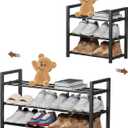 3-Tier Expandable Shoe Rack, Adjustable Shoe Shelf Storage Organizer Heavy Duty Metal Free Standing Shoe Rack for Entryway Closet Doorway (Black)(31"D x 10"W x 16"H)