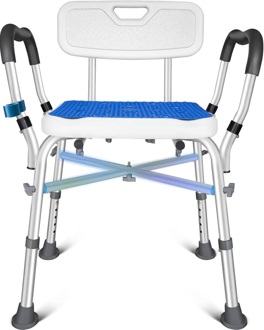 KingPavonini Shower Chair for Inside Shower, 550LBs Heavy Duty Bath Chair with Arms, Medical Shower Seat, Bath Stool Safety Shower Bench with Reinforced Crossing Bar for Elderly, Adults, Disabled (White+blue)