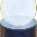 Rubtlamp 60 Pcs Blue Gold Plastic Plates, Hammered Plastic Dessert/Salad Plates, 7-Inch Blue Dessert Platos,Appetizer Platos Disposable Perfect For Wedding