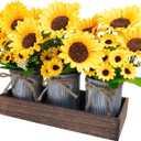 Winlyn Set of 3 Artificial Sunflowers Metal Pot Centerpiece Farmhouse Sunflowers Floral Arrangements with Rectangle Wooden Planter 11" for Rustic Wedding Spring Summer Home Kitchen Table Shelf Dcor