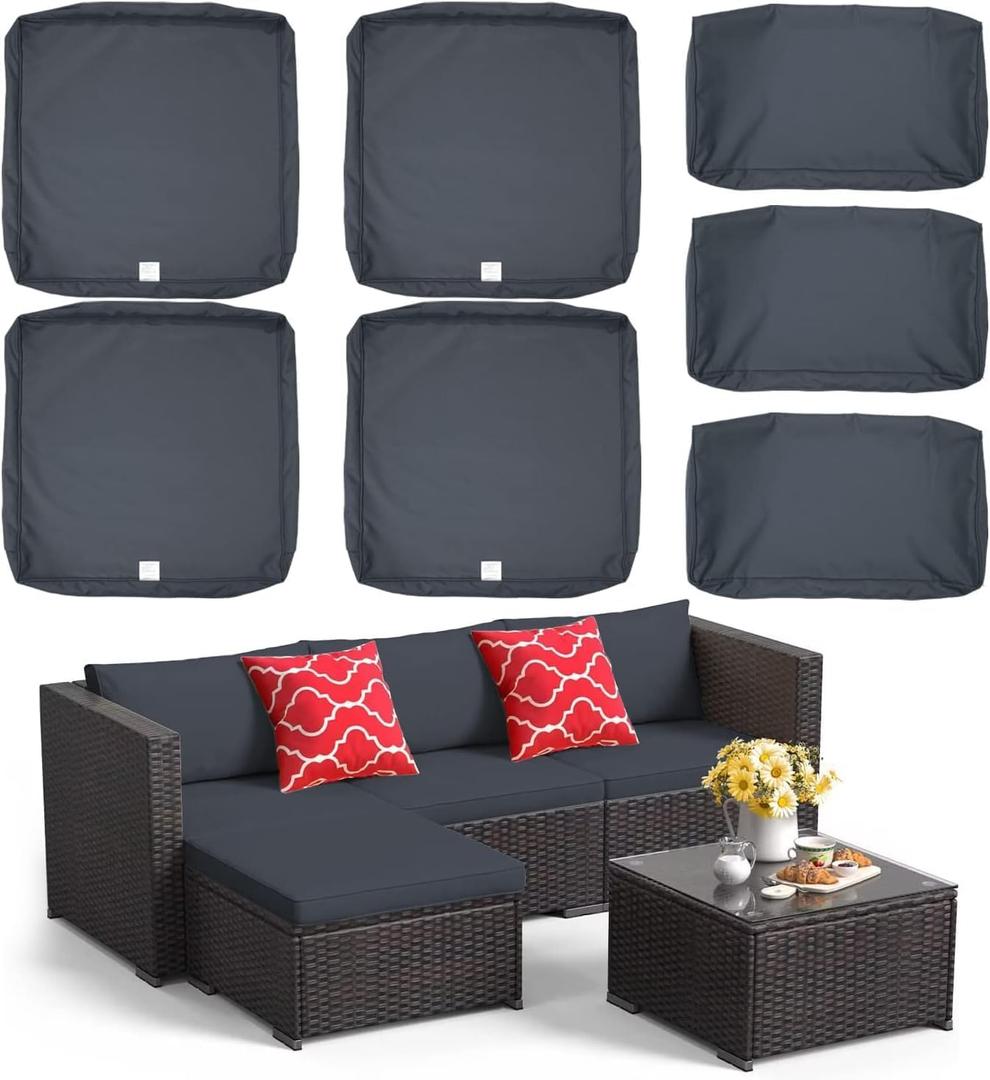 ClawsCover 7Pack Outdoor Seat and Back Cushions Replacement Covers Fit for 3/5 Pieces 4-Seater Wicker Rattan Patio Furniture Conversation Set Sectional Couch,Dark Gray-Large(Include Cover Only)