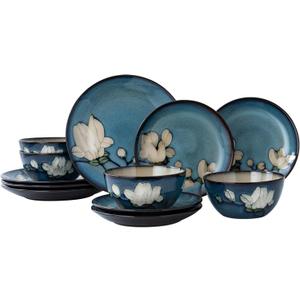 Dinnerware Set Blue Stoneware 12 Pieces Service for 4, Stoneware Plates and Bowls Set Highly Chip and Crack Resistant Stoneware Set, Dishwasher Microwave Safe Dishes set (Set (12pcs), Classic Blue)