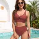 ZAFUL Women High Waisted Bikini Sets Color Block Swimsuit Two Piece Knot Twist Cut Out Drawstring Bathing Suit (Red, S)