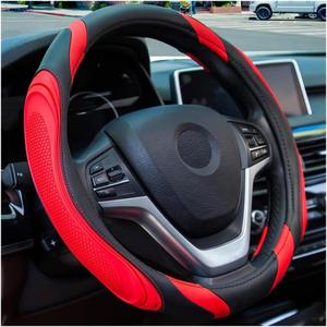 Osilly 15 Inch Car Leather Steering Wheel Cover, Automotive Accessories Elastic Breathable Anti-Slip Soft Wheel Protector Fits Men and Women, Suitable for SUVs, Trucks, Vehicles and RVs (Red)
