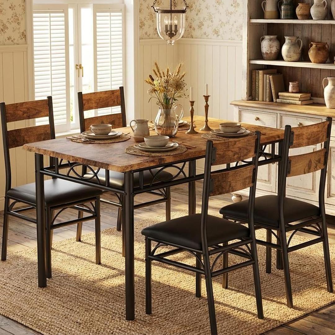 IDEALHOUSE 5 Piece Dining Table Set for 4, Rectangular Kitchen Table and Chairs for 4, Upholstered High Back Chairs, Thick Sturdy Frame, Dinner Dinette Set, Space Saving for Apartment, Rustic Brown